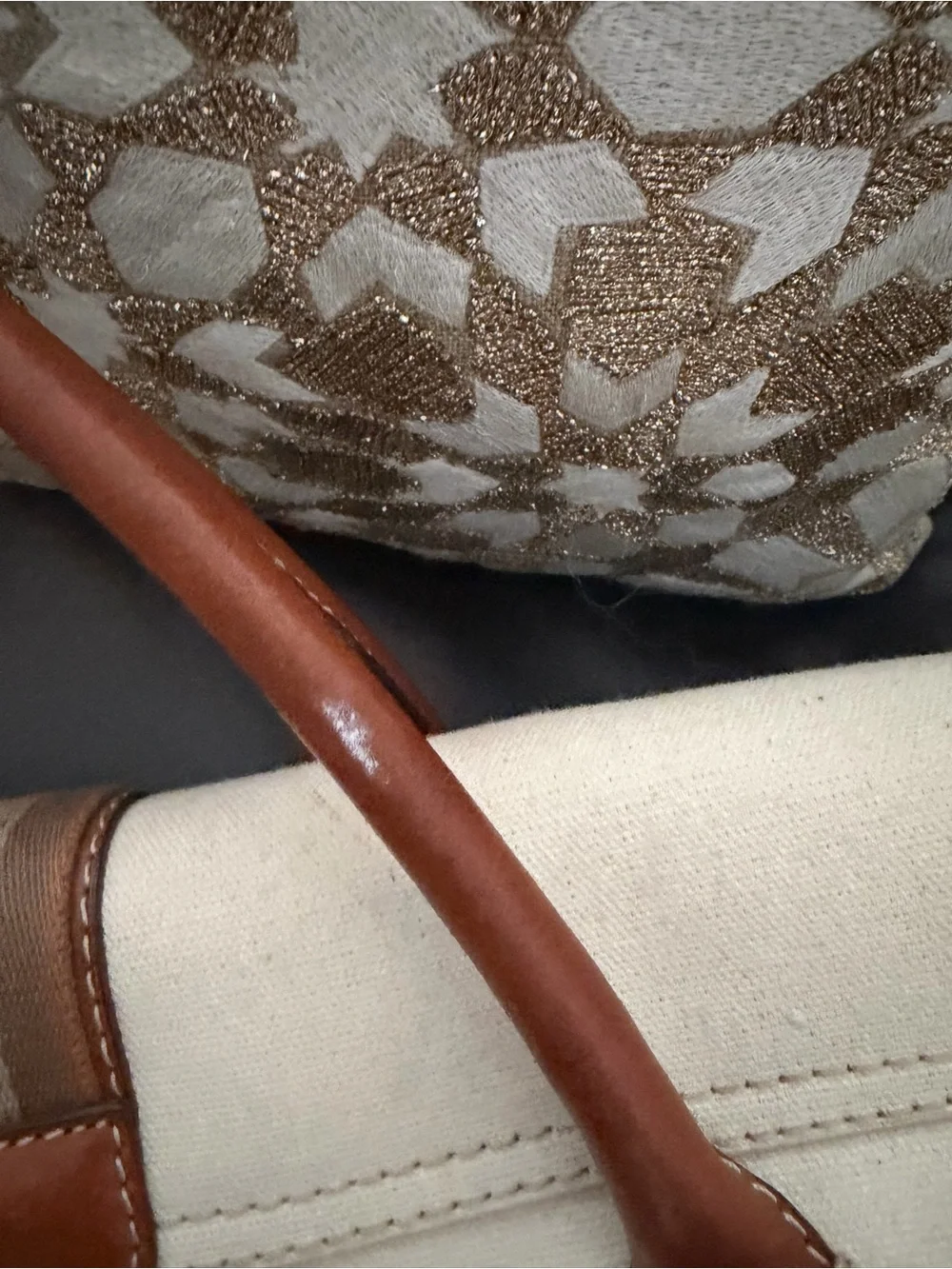 Michael Kors Cream Canvas Satchel with Brown Leather Trim